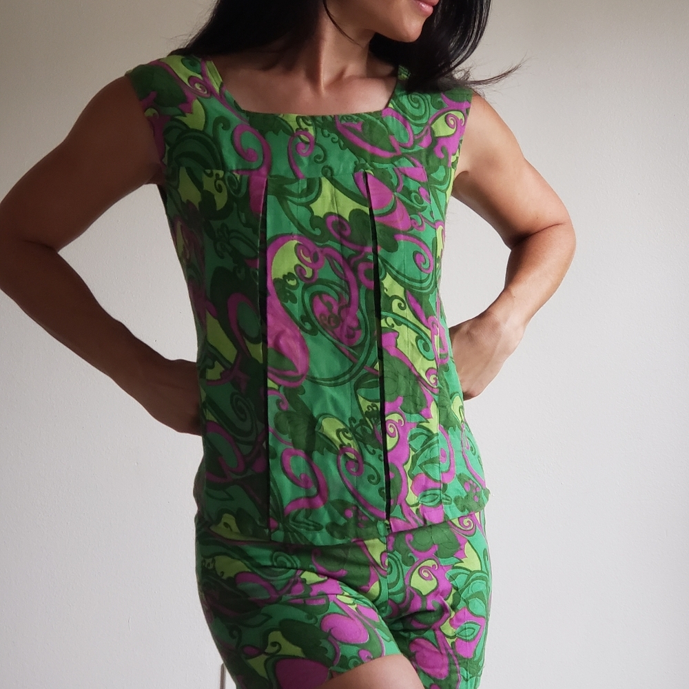 1960s Psychedelic Linen Shorts and Blouse Set - Picture 3 of 8